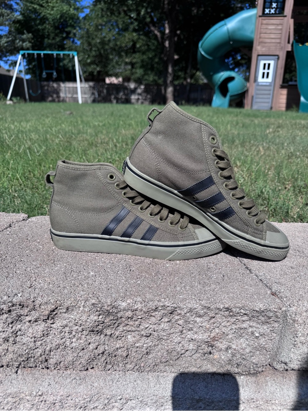 adidas Olive Green Nizza High-Top Canvas Sneakers with Black Stripes